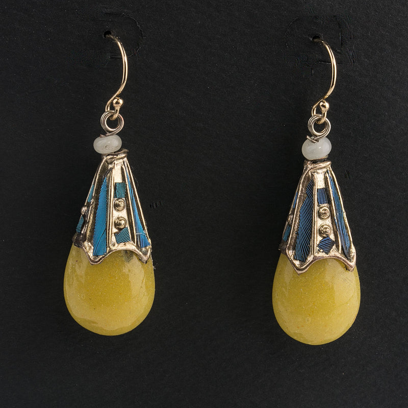 Antique 19th century Peking glass Kingfisher feather Mandarin court counterweight beads earrings.