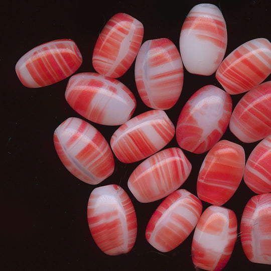 Vintage dark coral and white striped ovals, 9x5mm, Pkg of 25. b11-rd-0833(e)