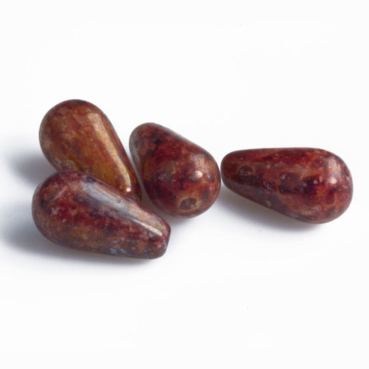 Vintage lustrous red and black picasso glass top drilled teardrops. Czechoslovakia. 11x6mm . Pkg of 8. b11-rd-0839(e)