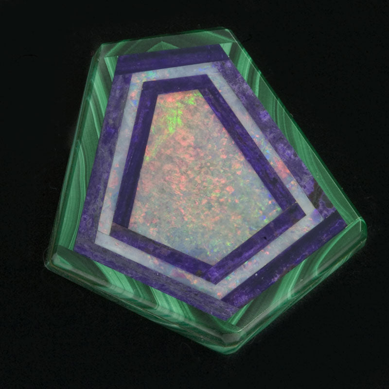 Beautiful kite shaped opal, sugalite and malachite intarsia 33.50 x 32.00mm.
