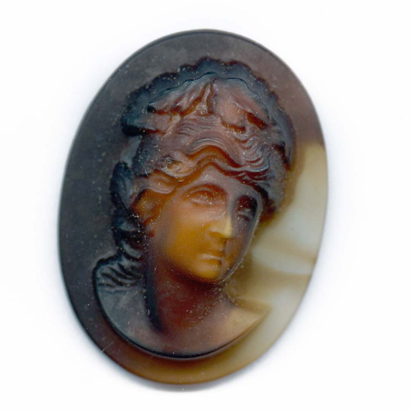 Vintage high relief molded glass flat back cameo, 2 tone agate glass, West Germany 30x22mm 1 pc. 