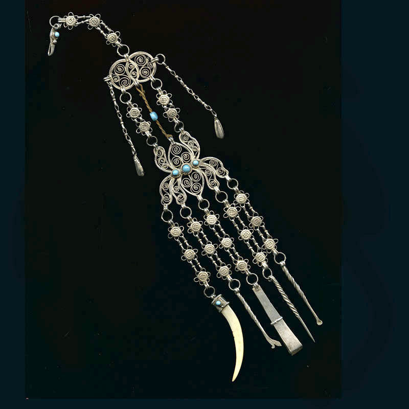 Antique Persian silver filigree chatelaine with Persian turquoise stones. 