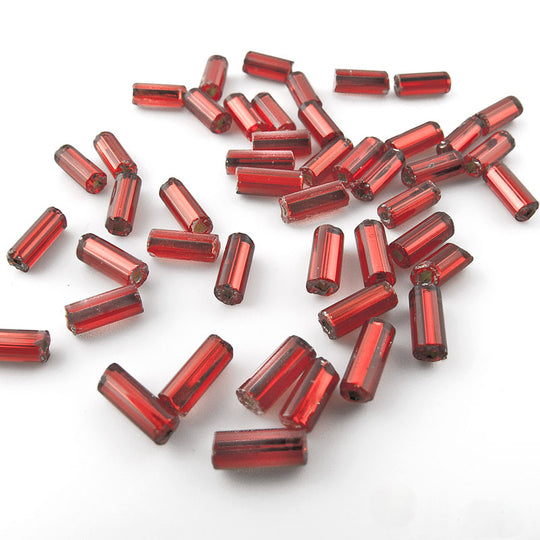 Vintage scarlet red Japanese foiled bugles 6x2mm 10 gram bag. b17-163(e)