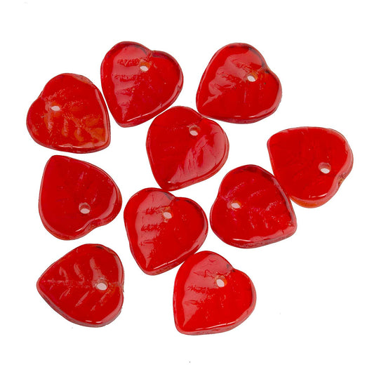 Charming Heart Shaped Red Glass Leaf Pendant. Czechoslovakia. Pkg 10. b11-rd-0729
