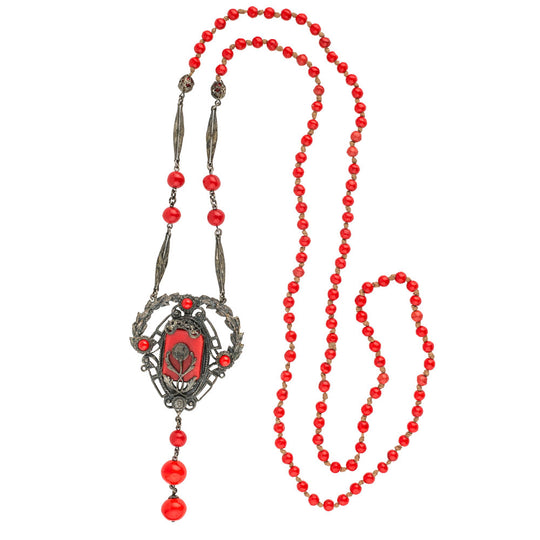 Vintage Art Deco red glass and silver metal flapper length lavaliere necklace. nlbg2109