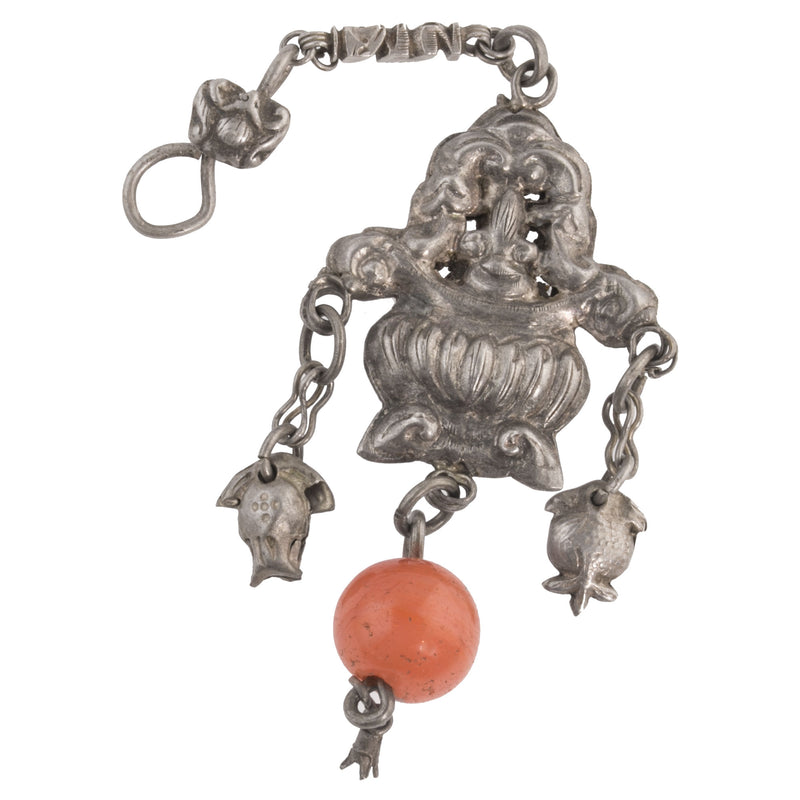 Antique Chinese Qing Dynasty coin silver hollow basket ornament with carnelian and bat hook. pdvs909