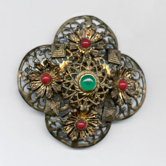 Antique Bohemian brass brooch with glass stones. j-pnbg973