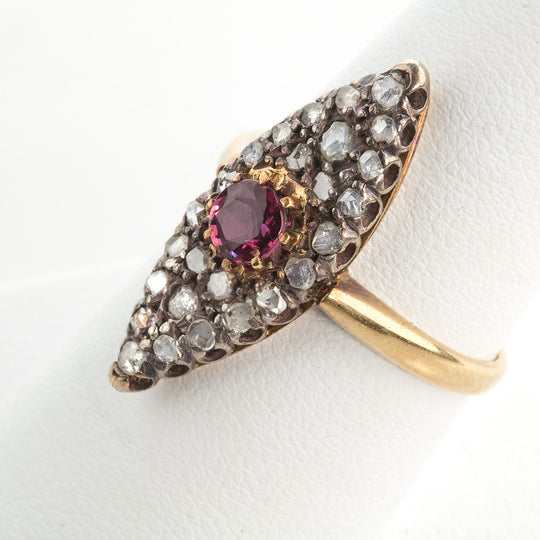 Antique Georgian rose gold Burmese ruby and diamond navette ring. j-rgfn183