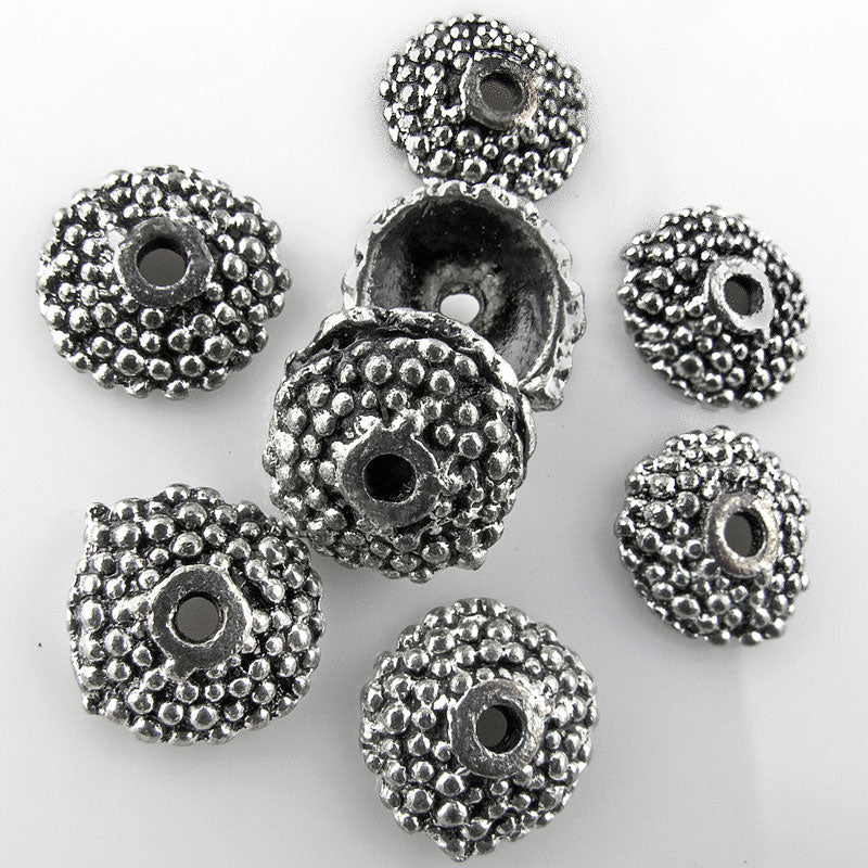 Antiqued silver pewter bead caps with granulated design. 9mm, Pkg of 10.