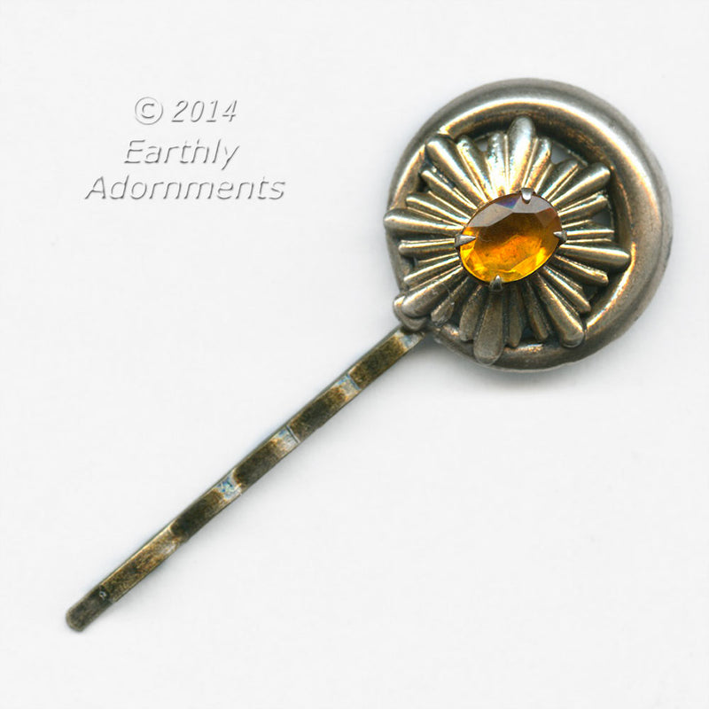 Repurposed brass earring with topaz glass surrounded with celestial brass design hair pin.