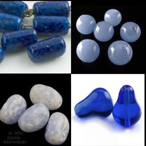 Blue glass beads, round, drop