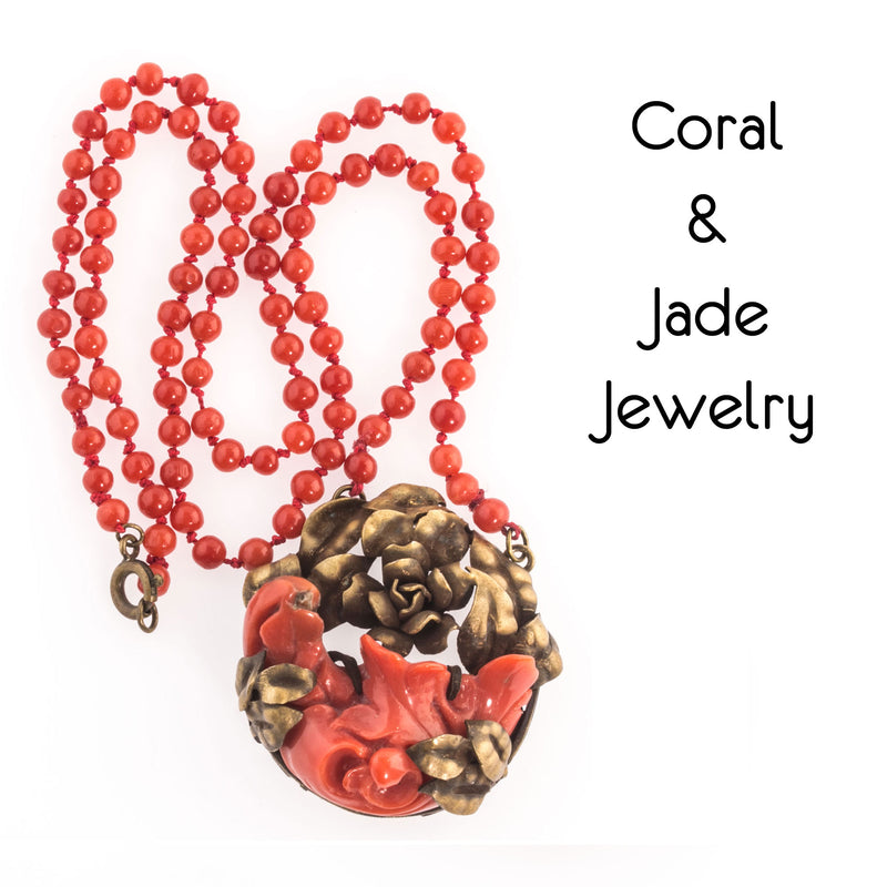 Jade carved pendant, devils work chains, Coral necklace