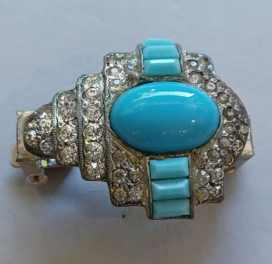 1950s white metal rhinestone & blue glass stone hair pin made from repurposed dress clip. ac-h-0163