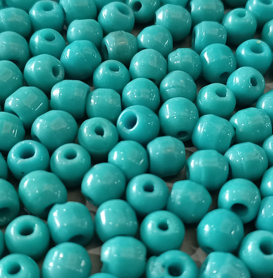 Vintage Czech opaque turquoise glass barrel beads. large hole. 6x7mm. Pkg of 25. b11-bl-1065