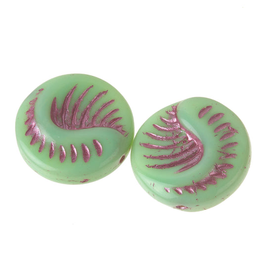 Fancy shell fossil bead.  Czech pressed glass.  19x7mm.  B11-GR-2069