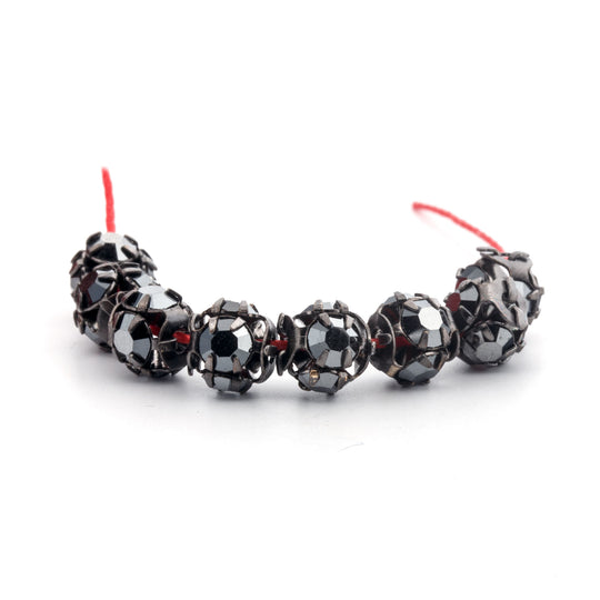 Czech gunmetal finish metal balls with prong-set marcasite glass stones, 6mm. Pkg of 6. b18-0277