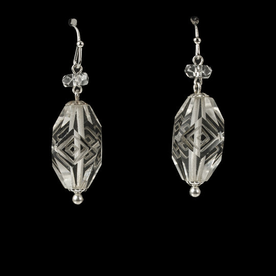 Art Deco Faceted and Etched Crystal Earrings with Sterling Silver.  erad791