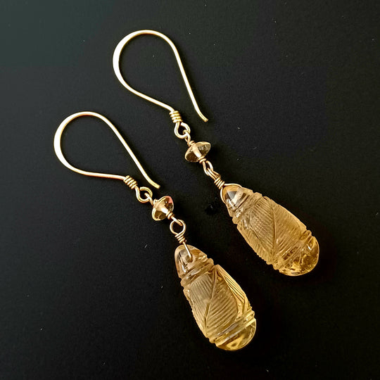 Carved Citrine Earring, natural teardrops shaped drops. j-erbd156