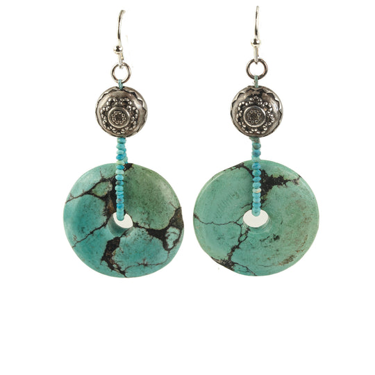 Silver Granulated Bead Earrings with Turquoise Matrix Chinese "bi". erbd190