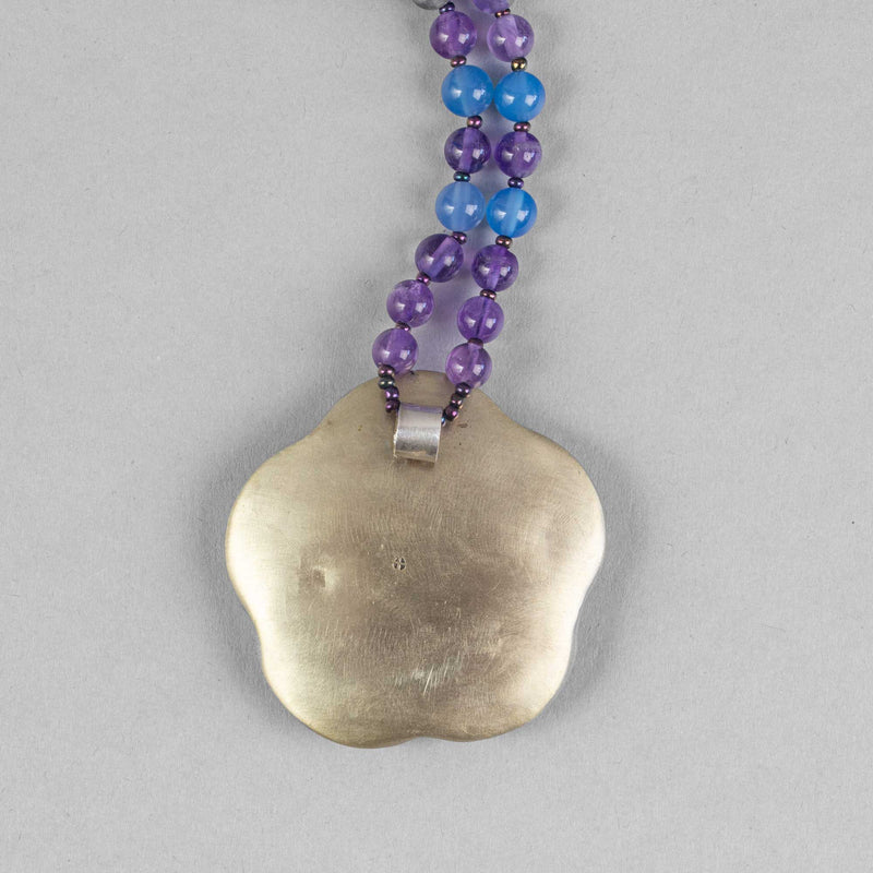 Antique Japanese Satsuma hand painted ceramic pendant necklace with Amethyst and blue Chalcedony beads.  nlor851