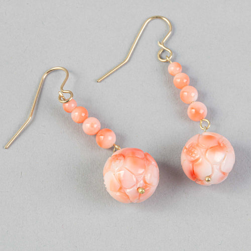 Dangle earrings of vintage pink and white angelskin carved coral flower beads. j-erja916