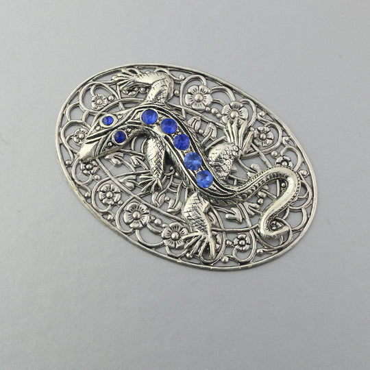 Deco Gecko rhinestone silver plated filigree pendant.  56x39mm.  b9-0923spd-1