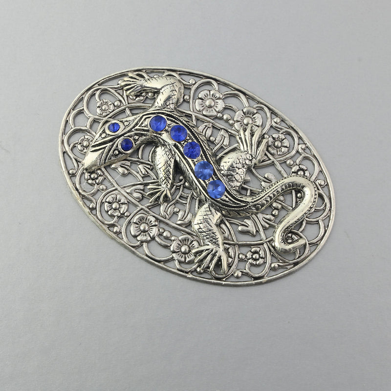 Deco Gecko rhinestone silver plated filigree pendant.  56x39mm.  b9-0923spd-1