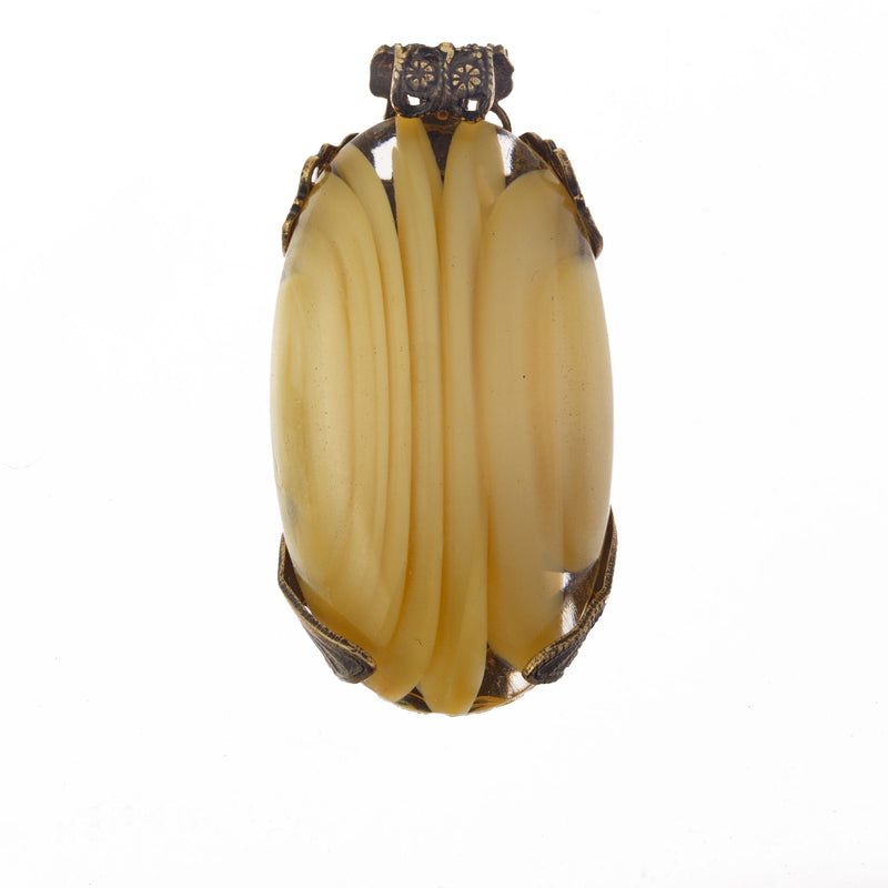 Antique yellow satin givre glass pendant.  Gablonz, Bohemia 38x22mm. Pkg 1. b5-586pd
