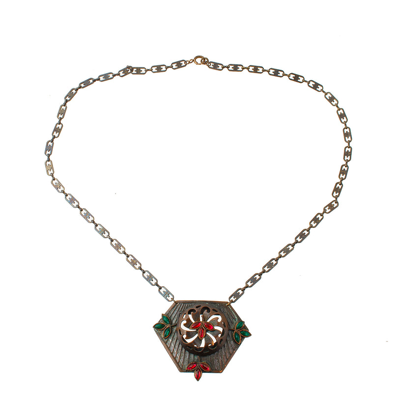 Arts and Crafts brass pendant necklace with navette rhinestones