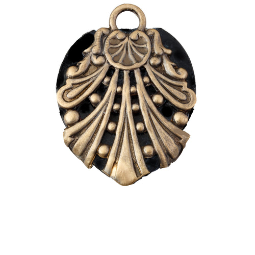 Pendant of 1920s Art Deco Bohemian black glass stone wrapped in vintage brass filiigree. b5-799pd