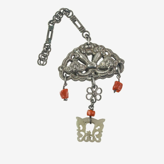 Antique Chinese Qing Dynasty hollow coin silver amulet 2 fish and bats coral  jade beads. Pdvs1011