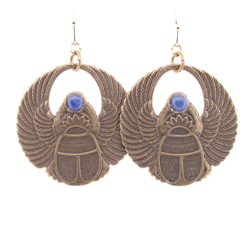 Winged Scarab Egyptian Revival Earrings with Lapis Lazuli. j-ervn998