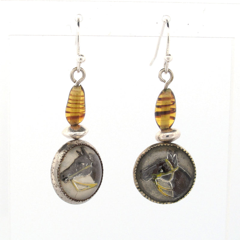 Horse Head Reverse Painted Earrings, with Lampwork twist bead.  j-ervn999