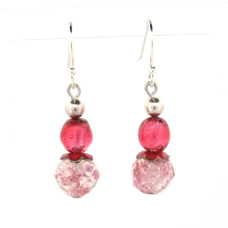 Foiled Hot Pink, and Opal Sparkle Glass Earrings, Antique Bohemian. j-erbd180