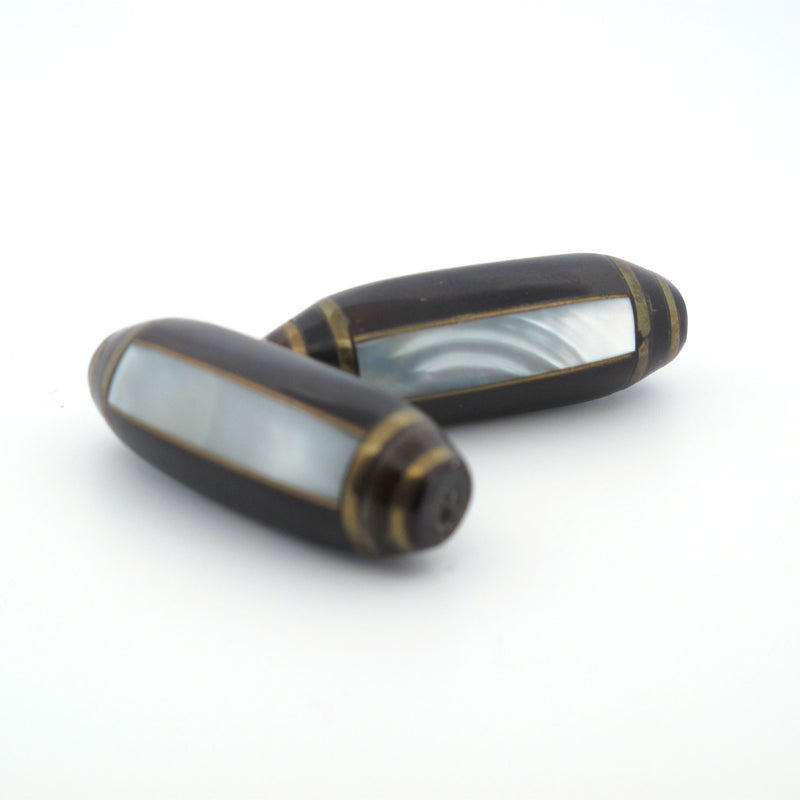 Inlaid mother of pearl striped ovals, brass beads, 34x13mm, Pkg 1. b15-mop136