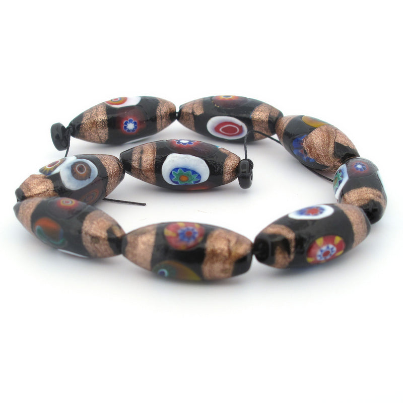 Venetian oval millefiori glass beads, with metallic aventurina stripes. 9 beads, Pkg1 Str. b1-3004