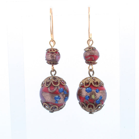 Venetian red wedding cake fiorato glass bead earrings. erbg904
