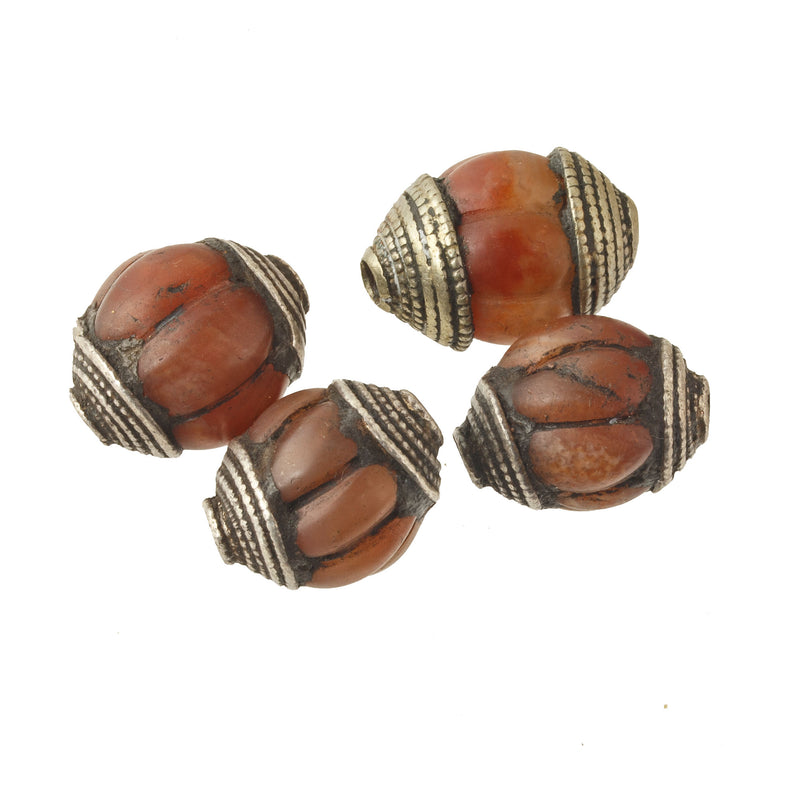 Vintage Nepali carved carnelian melon bead, silver capped. 17mm - 20mm, Nepal, 1970s. 1 pc. 