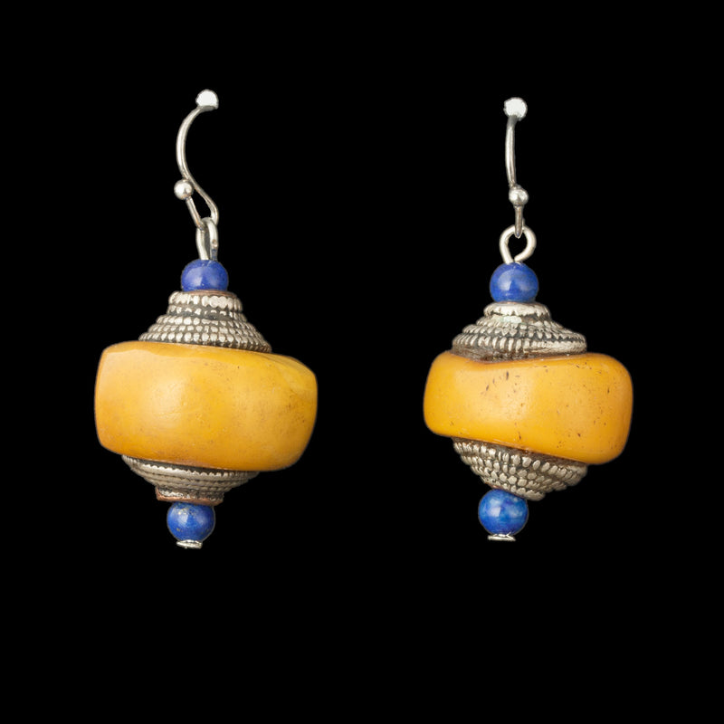 Nepali Tribal Earrings, resin trade bead, caps, lapis accent beads. J-erbd170