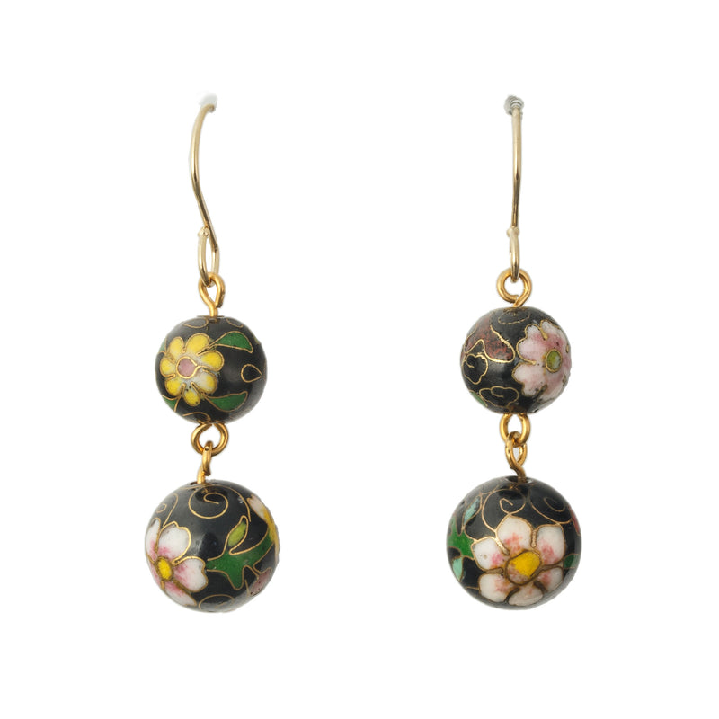 Chinese Cloisonné Earrings, floral on black. j-eror501