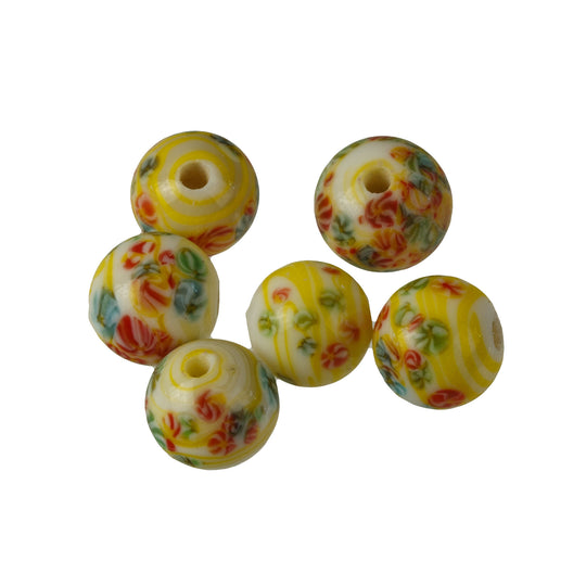 Japanese yellow and white swirled millefiore glass rounds. 8 mm. Pkg. of 6. b11-yo-1011