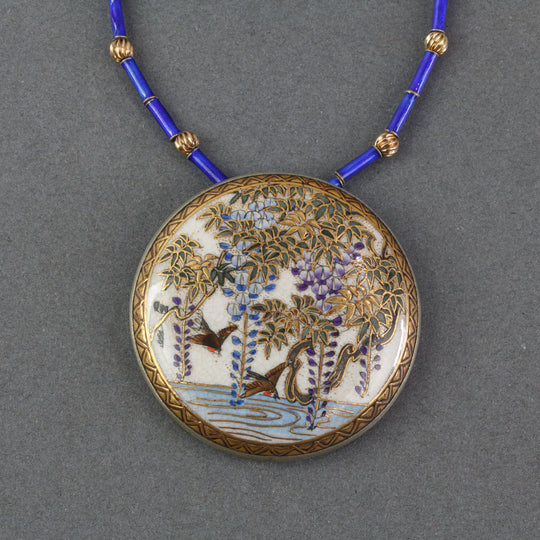 Antique Japanese Satsuma silver pendant necklace with blue glass and vermeil beads.  nlor849