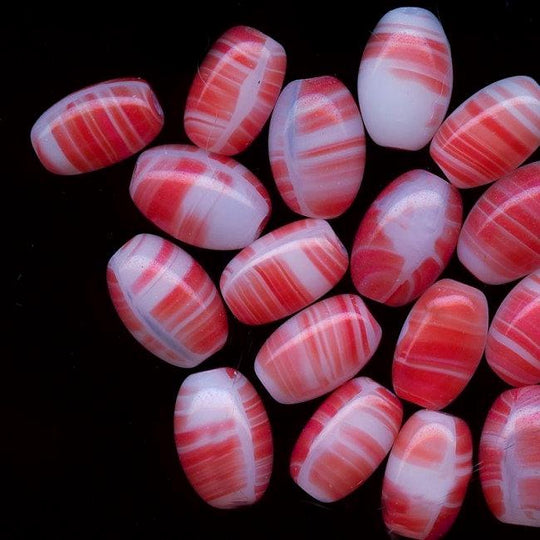 Vintage dark coral and white striped ovals, 9x6mm, Pkg of 25. b11-rd-0833(e)