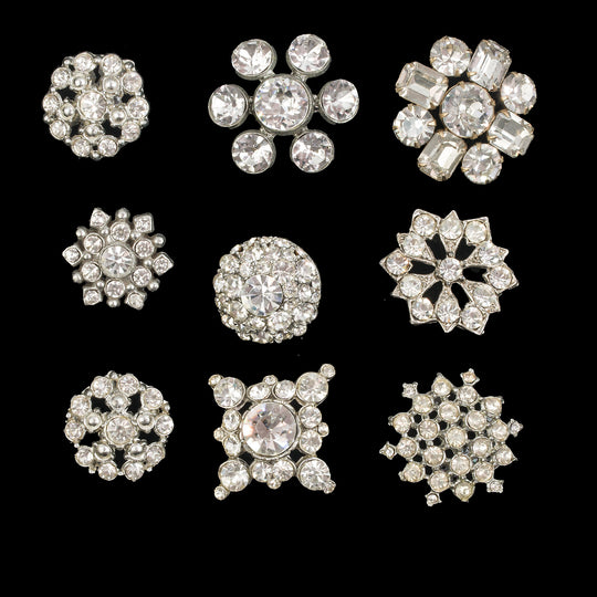 9 vintage Bohemian rhinestone glass coat buttons white metal and shanks. 1920s-1930s. ac-btmx2