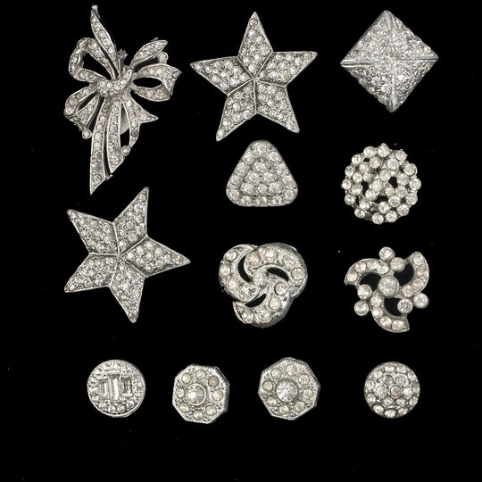 12  vintage Czech white metal rhinestone buttons.  1920s-1950s. ac-btmx3