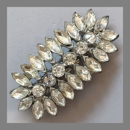 1950s white metal rhinestone barette made from repurposed retro brooch. ac-h-0164