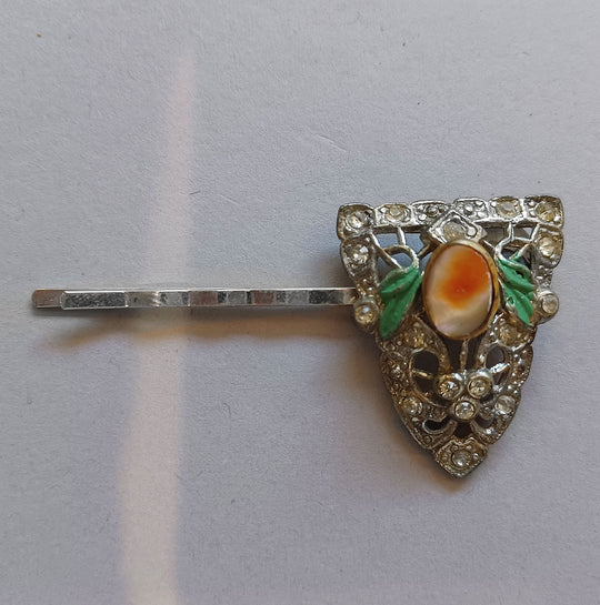 1930s white metal rhinestones enamel and abalone stone hair pin made from repurposed dress clip. ac-h-0162