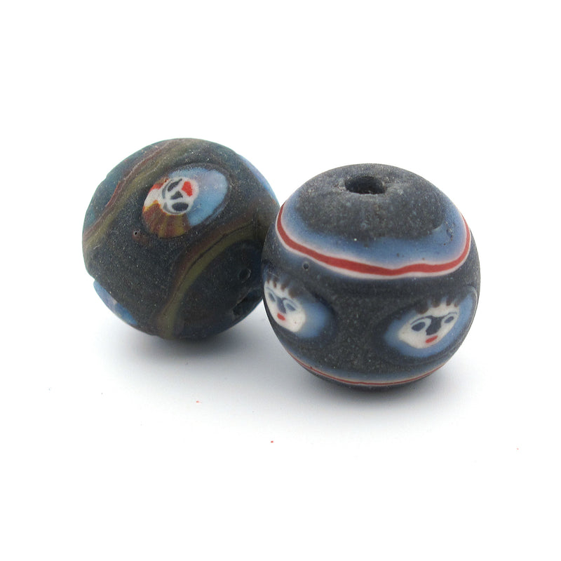 Ancient Roman Era Face Bead Replica, Navy Blue, Red and White stripe from Java. 20mm. Pkg 1. b1-2099