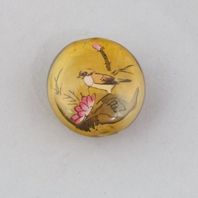 Reverse Painted Glass Bead, brown, bird and flowers. Pkg 1. China. b10-0008B
