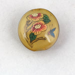 Reverse Painted Glass Bead, brown, bird and flowers. Pkg 1. China. b10-0008B